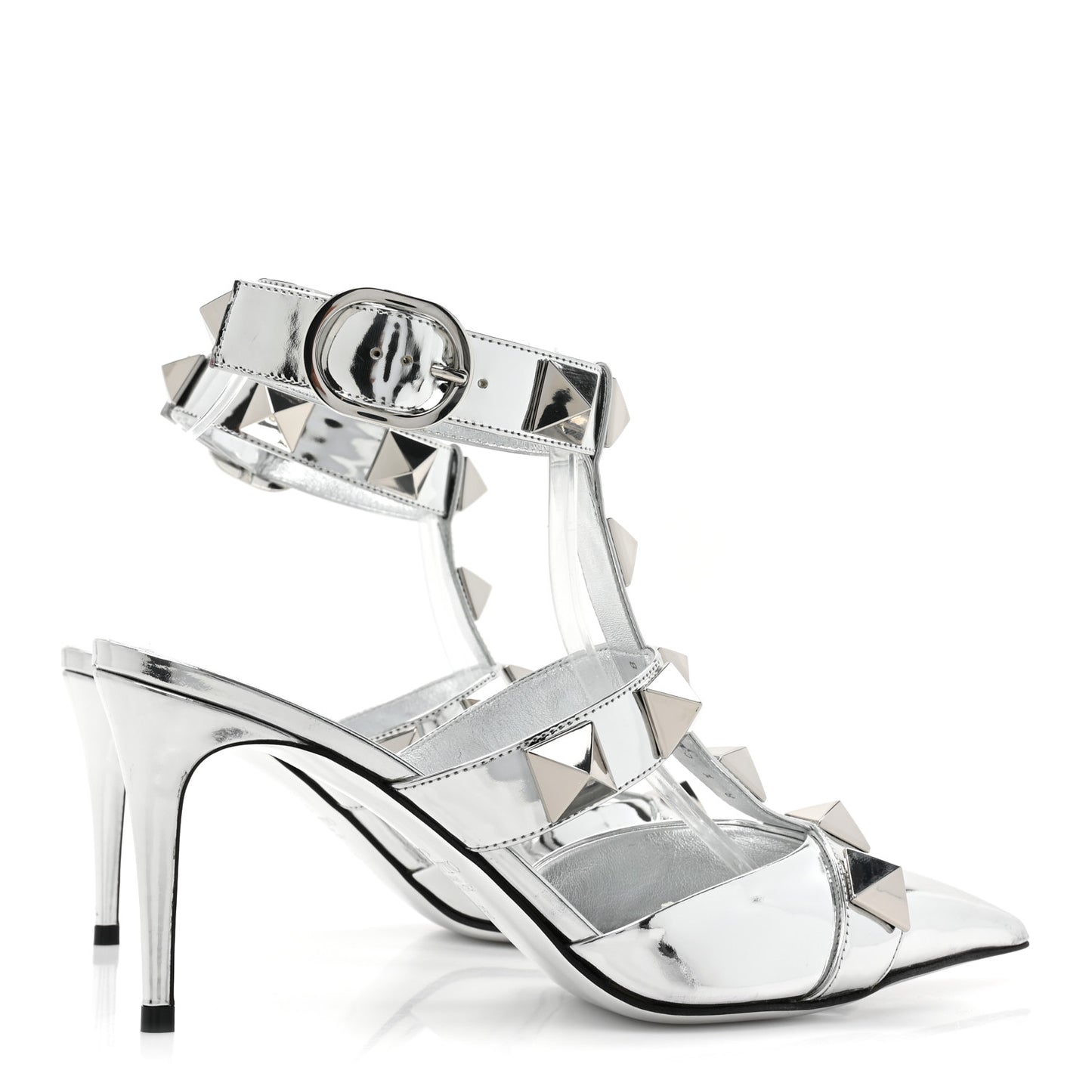 Calfskin Monochrome Roman Stud Ankle Strap 80mm Pumps 38 Silver