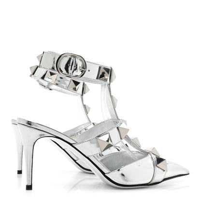 Valentino Garavani Calfskin Monochrome Roman Stud Ankle Strap 80mm Pumps 38 Silver 4 of 10