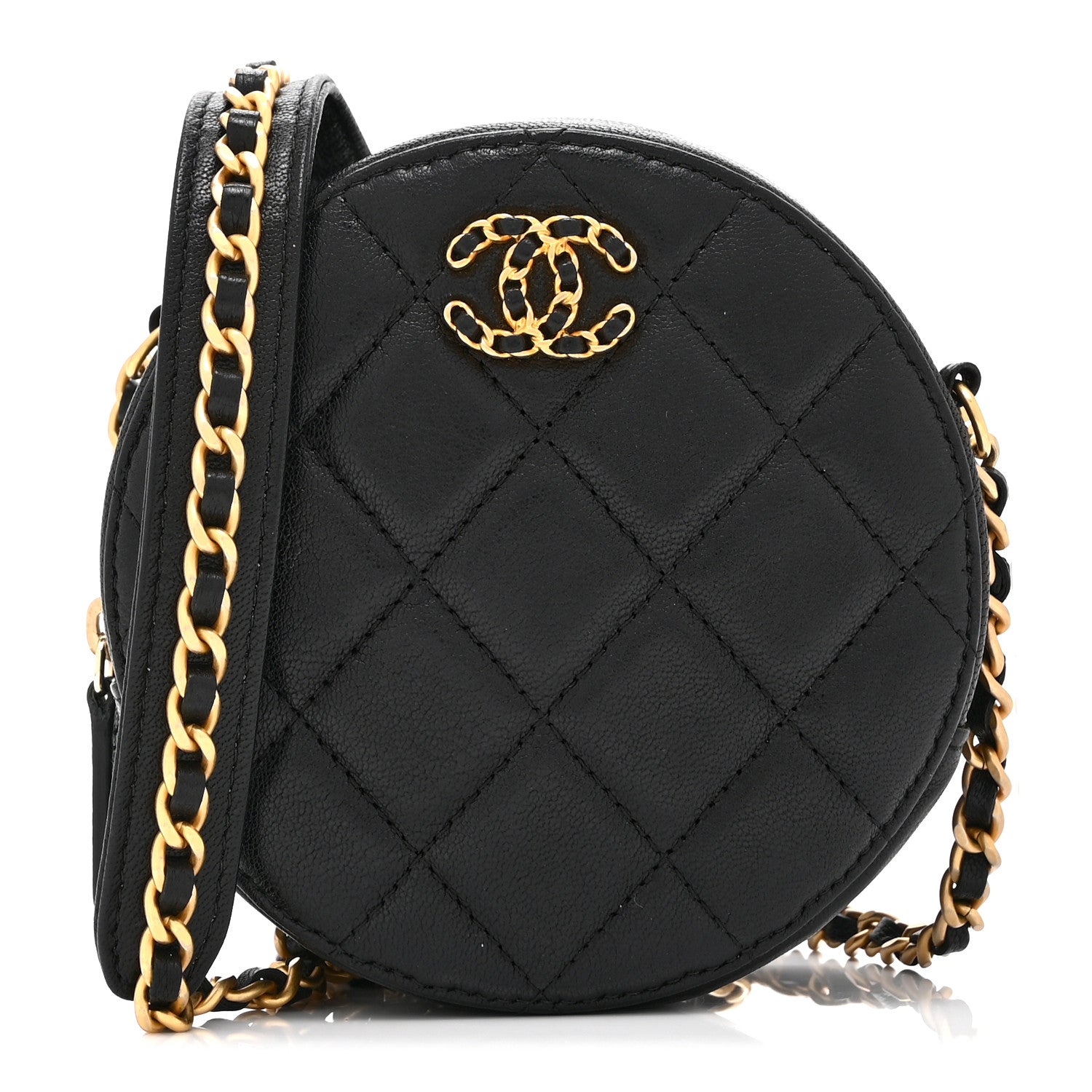 Chanel Goatskin Quilted Chanel 19 Round Clutch With Chain Black Black 1 of 11
