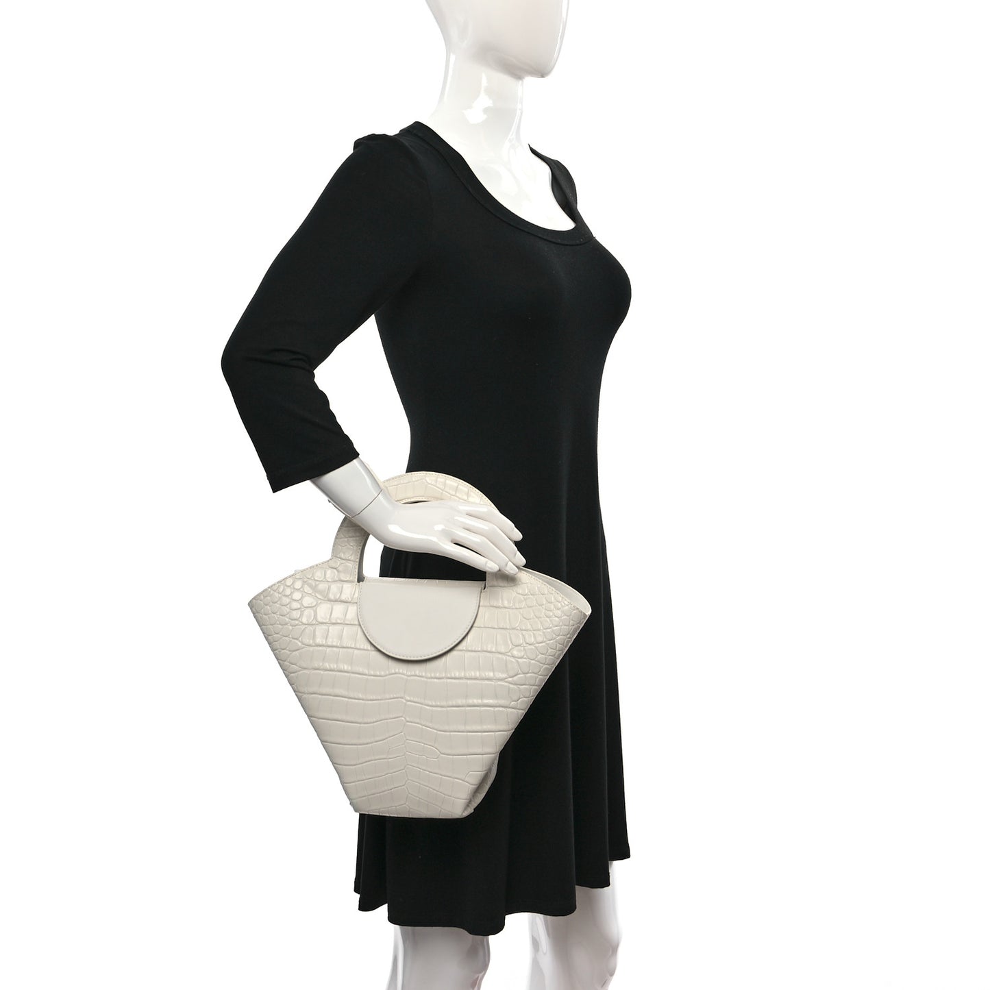 Calfskin Crocodile Embossed Doll Top Handle Bag White
