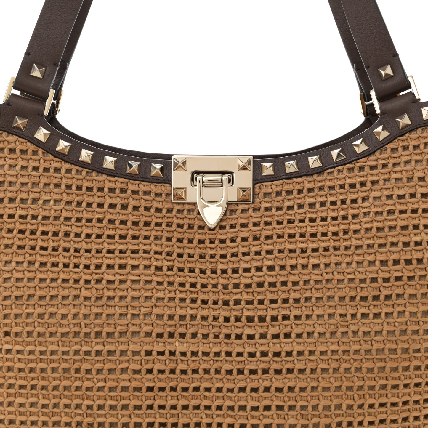 Synthetic Raffia Calfskin Rockstud Garden Tote Bag Tobacco Cacao