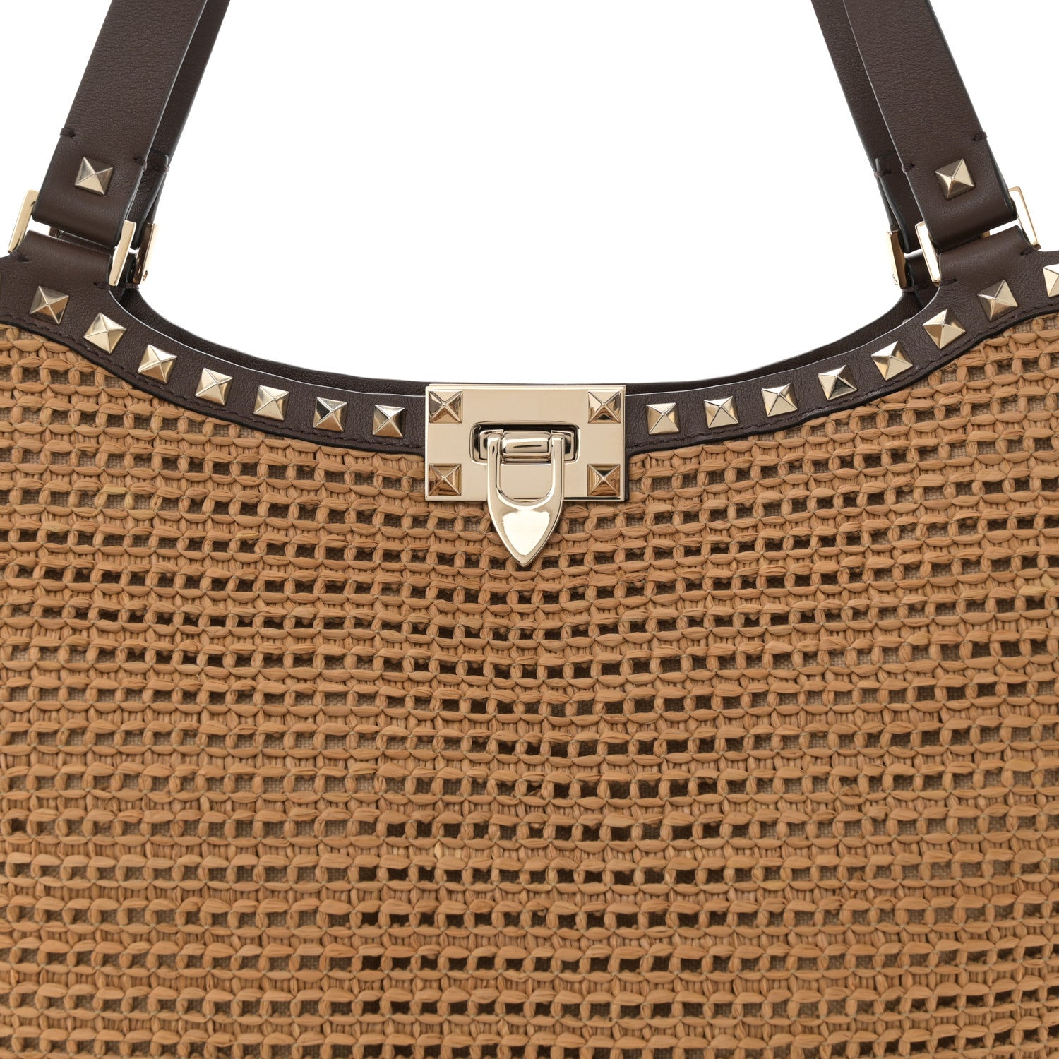 Valentino Garavani Synthetic Raffia Calfskin Rockstud Garden Tote Bag Tobacco Cacao 7 of 9