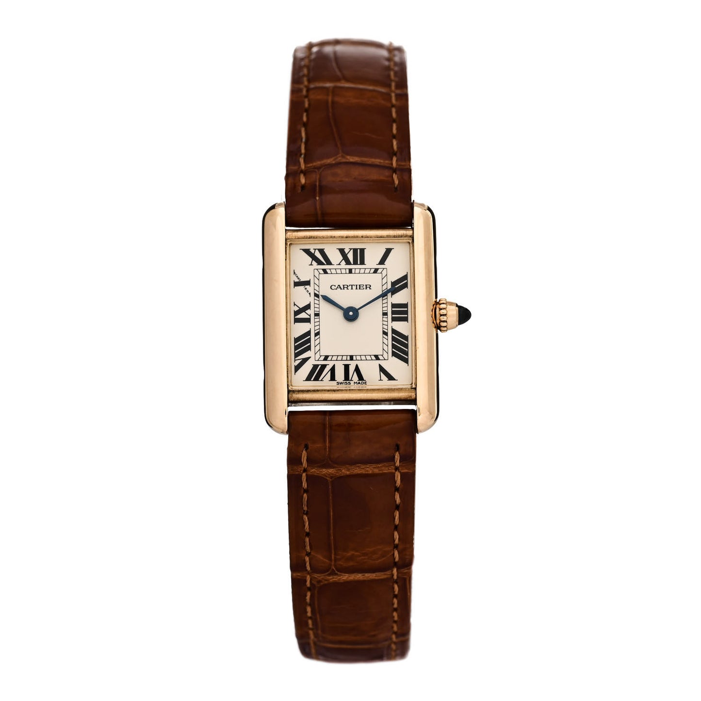 18K Yellow Gold Alligator 22mm Tank Louis Quartz Watch Brown
