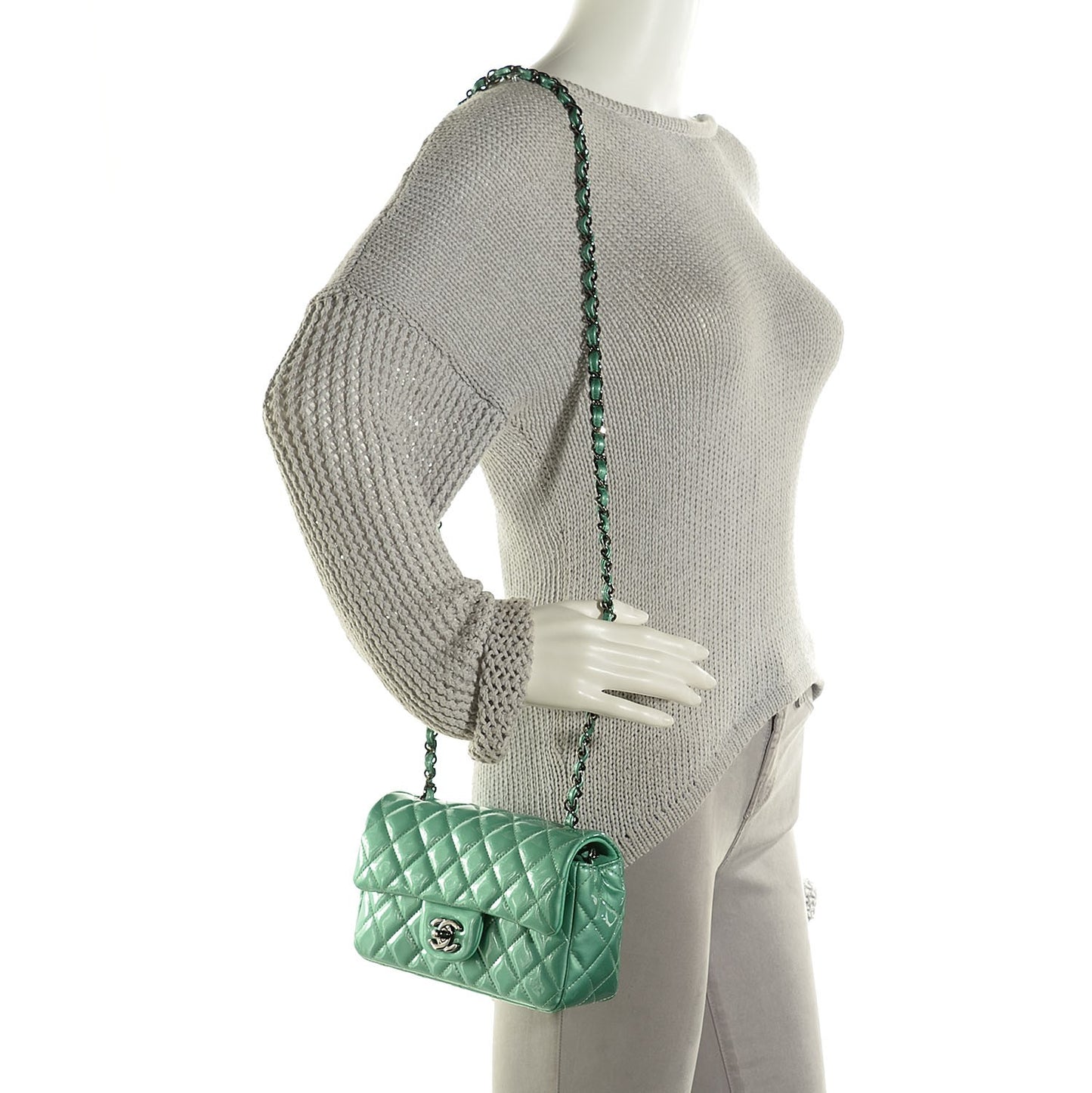 Patent Calfskin Quilted Mini Rectangular Flap Green