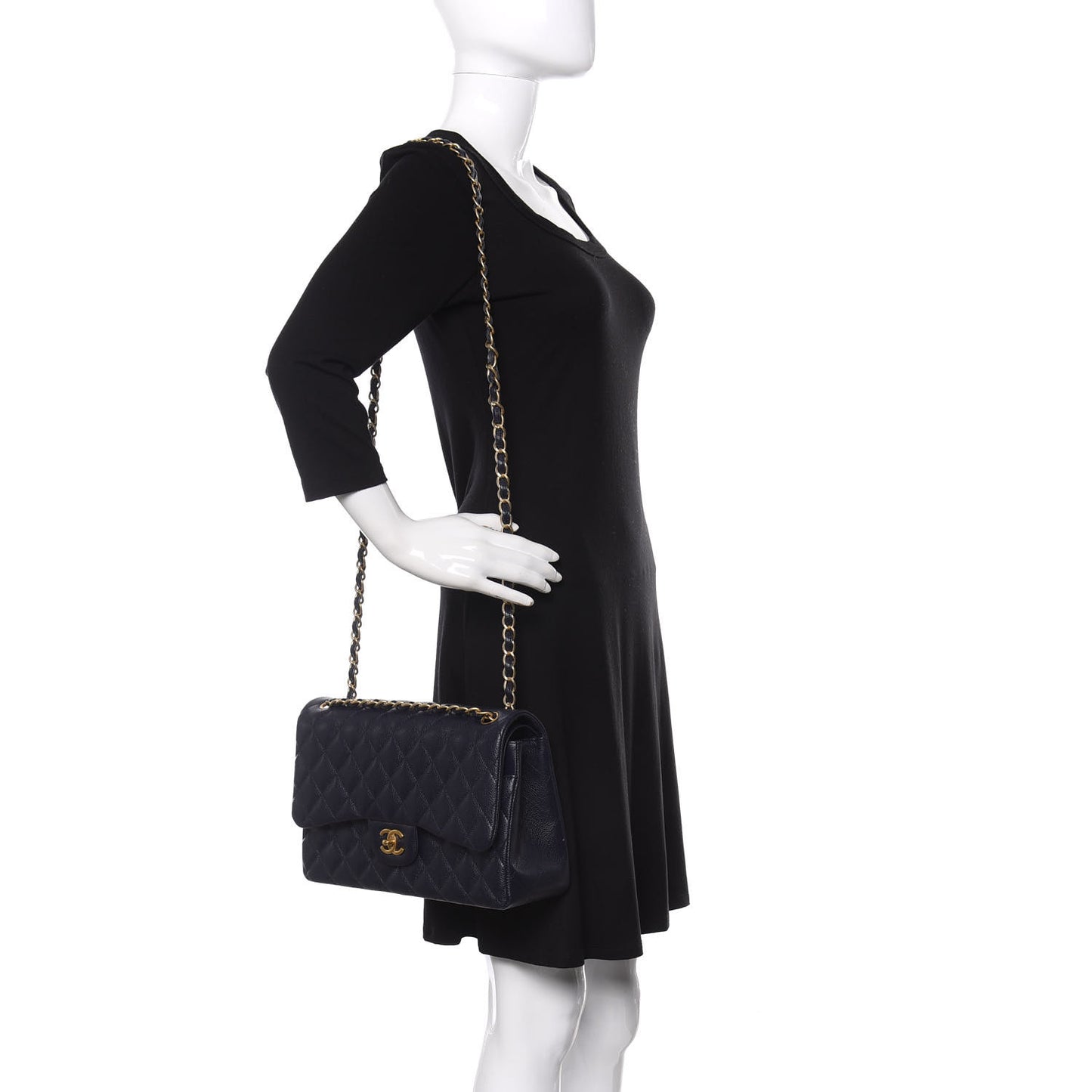 Caviar Quilted Jumbo Double Flap Navy Blue