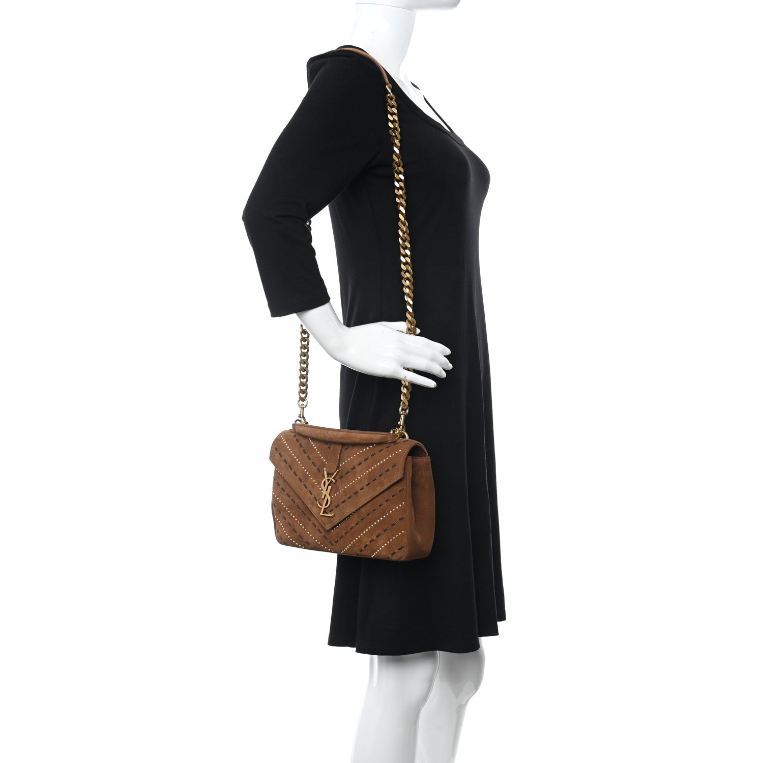 Saint Laurent Suede Matelasse Chevron Studded Monogram Medium College Bag Brown 2 of 8