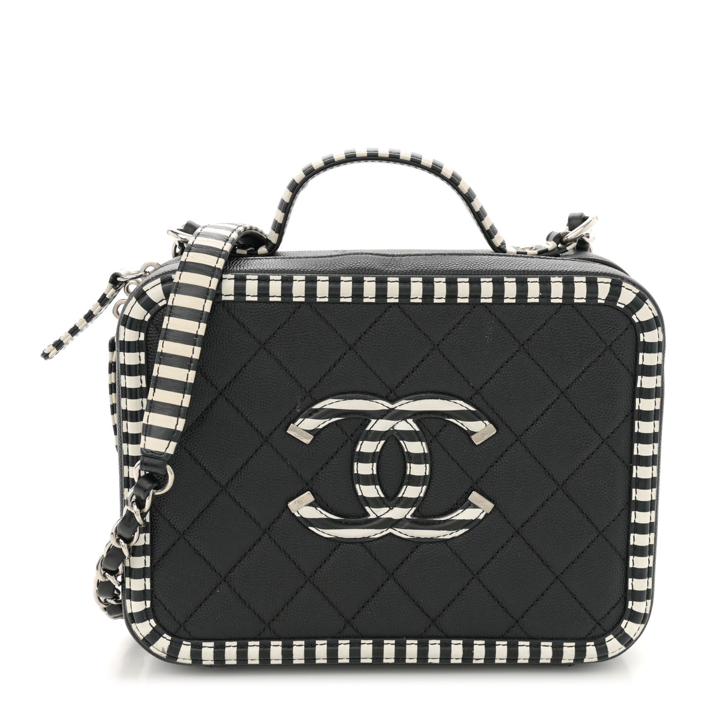 Caviar Quilted Striped Medium CC Filigree Vanity Case Black White
