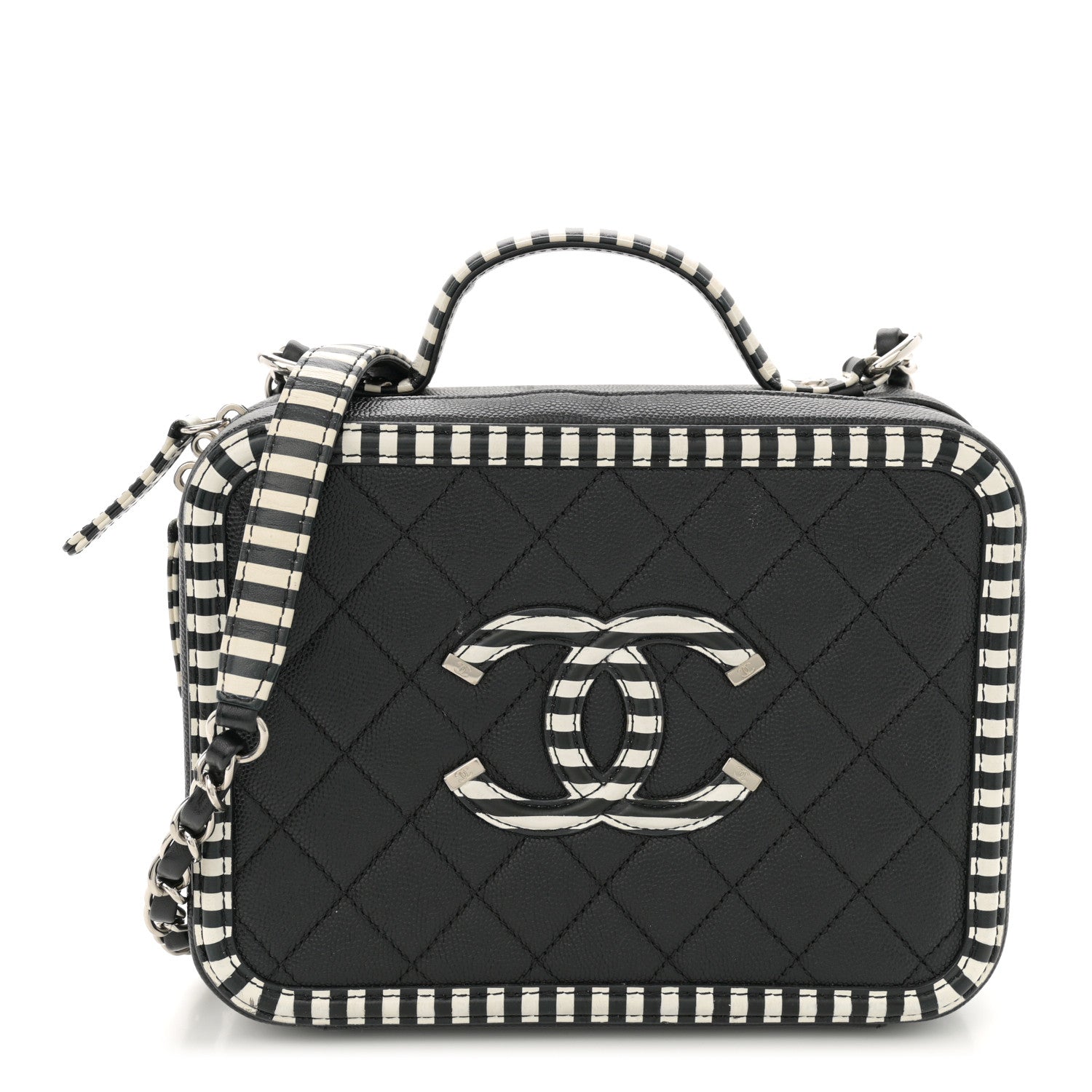 Chanel Caviar Quilted Striped Medium CC Filigree Vanity Case Black White 1 of 12