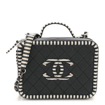 Chanel Caviar Quilted Striped Medium CC Filigree Vanity Case Black White 1 of 12