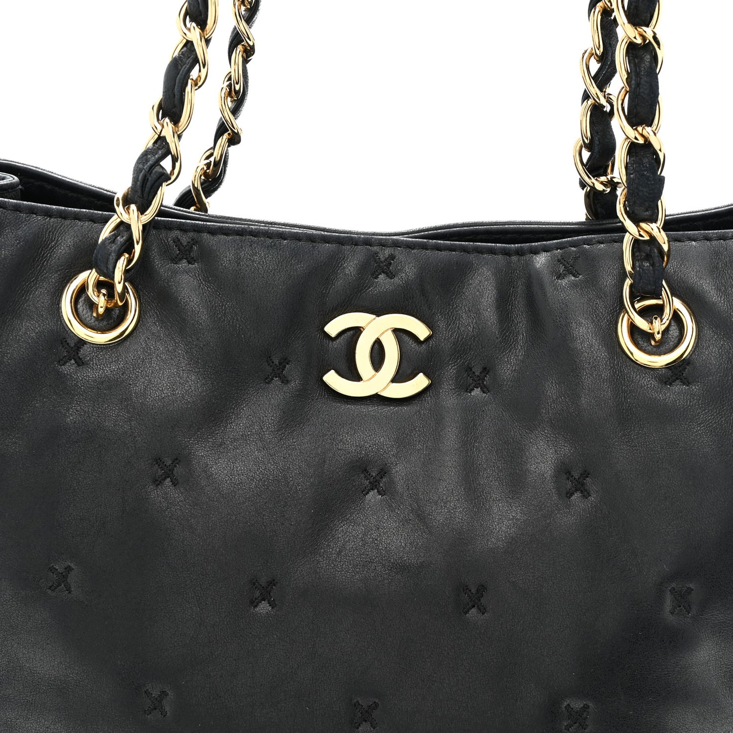 Lambskin Cross Stitch Shopper Tote Black