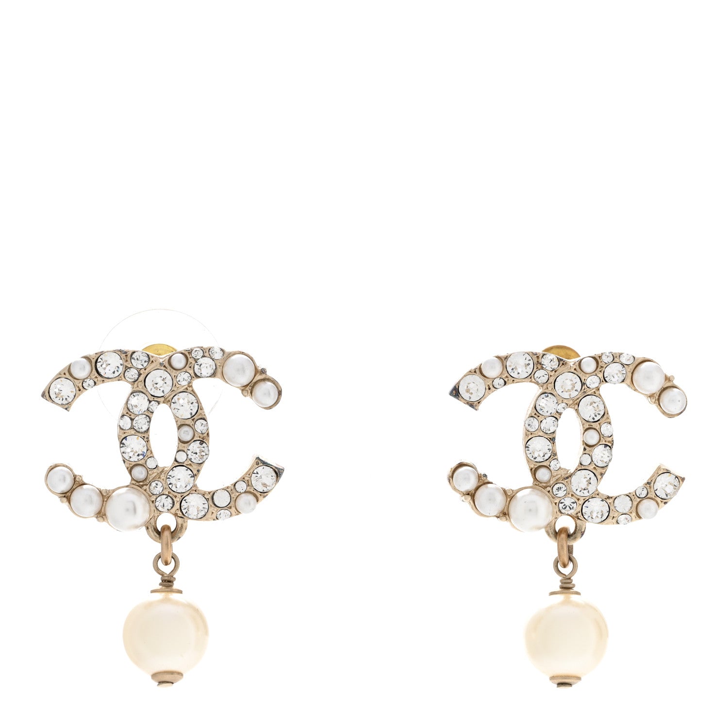 Chanel Crystal Pearl CC Drop Earrings Gold Pearly White 1 of 7