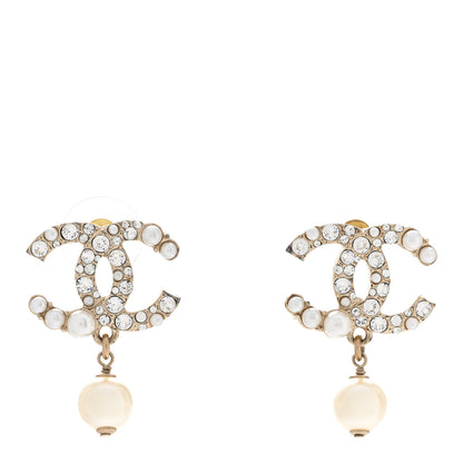 Chanel Crystal Pearl CC Drop Earrings Gold Pearly White 1 of 7