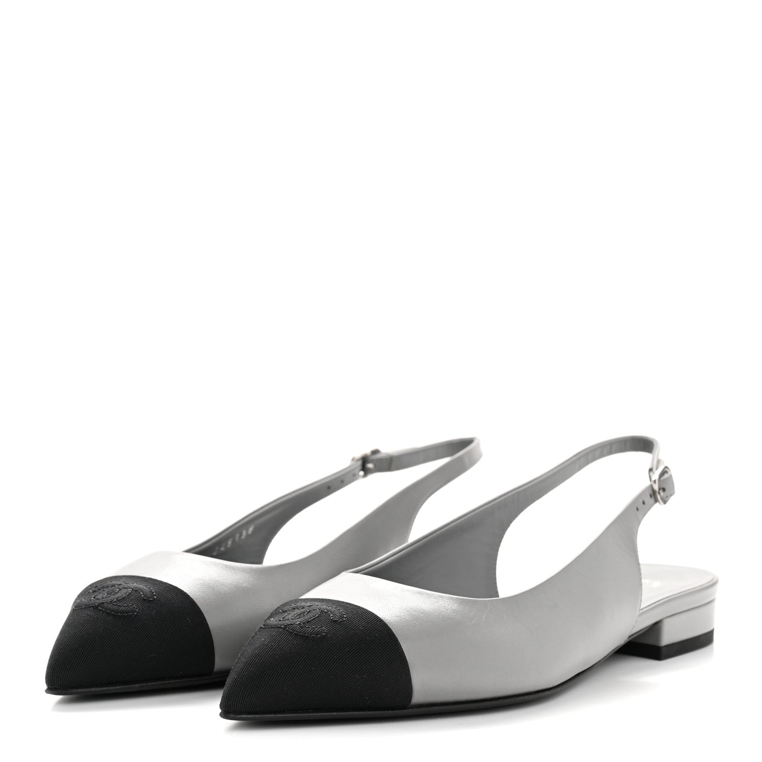 Chanel Goatskin Grosgrain Pointed Toe CC Slingback Flats 36 Gray Black 12 of 27