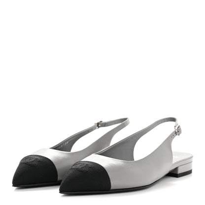 Chanel Goatskin Grosgrain Pointed Toe CC Slingback Flats 36 Gray Black 12 of 27