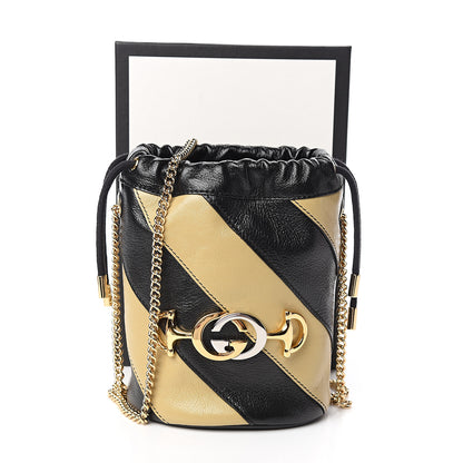 Gucci Calfskin Diagonal Striped Mini Zumi Bucket Bag Black Beige 10 of 10