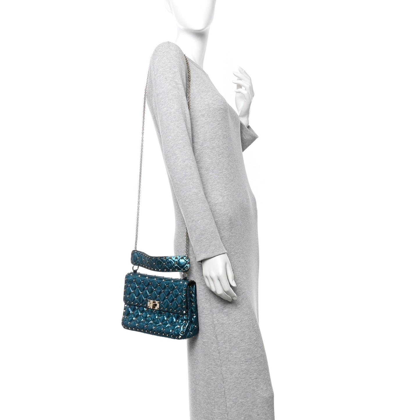 Metallic Wrinkled Lambskin Medium Rockstud Spike Shoulder Bag Peacock