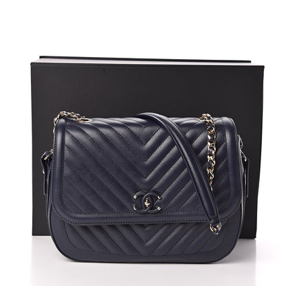 Chanel Calfskin Chevron Quilted Messenger Flap Navy 10 of 10