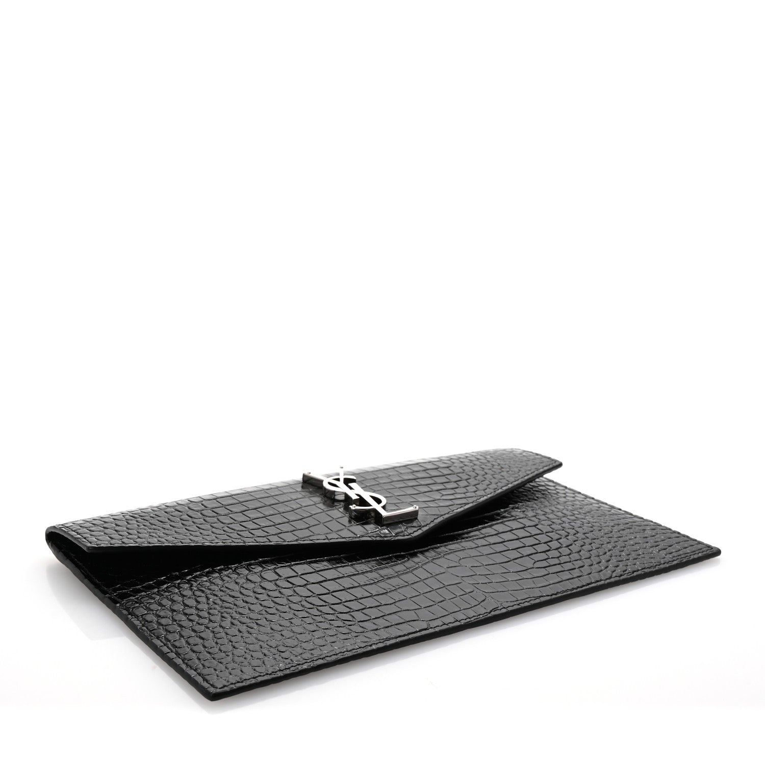 Saint Laurent Calfskin Crocodile Embossed Uptown Monogram Clutch Black 4 of 6