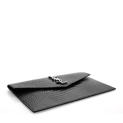 Saint Laurent Calfskin Crocodile Embossed Uptown Monogram Clutch Black 4 of 6