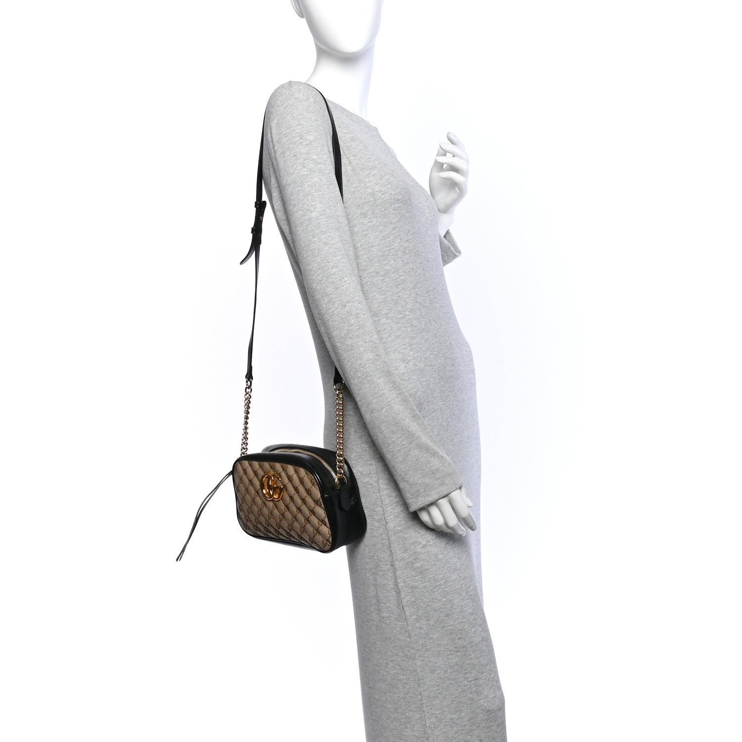 Gucci Monogram Matelasse Diagonal Small GG Marmont Chain Shoulder Bag Beige Black 2 of 11