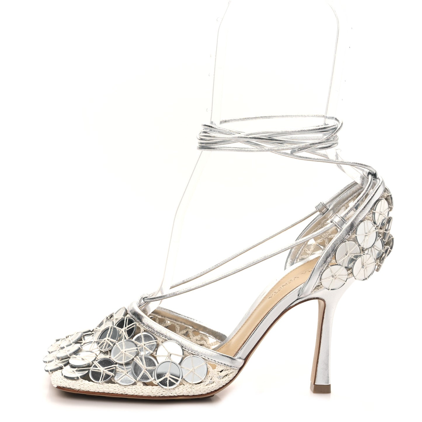 Mesh Metallic Nappa Mirror Stretch Ankle Tie Sandals 37 Silver
