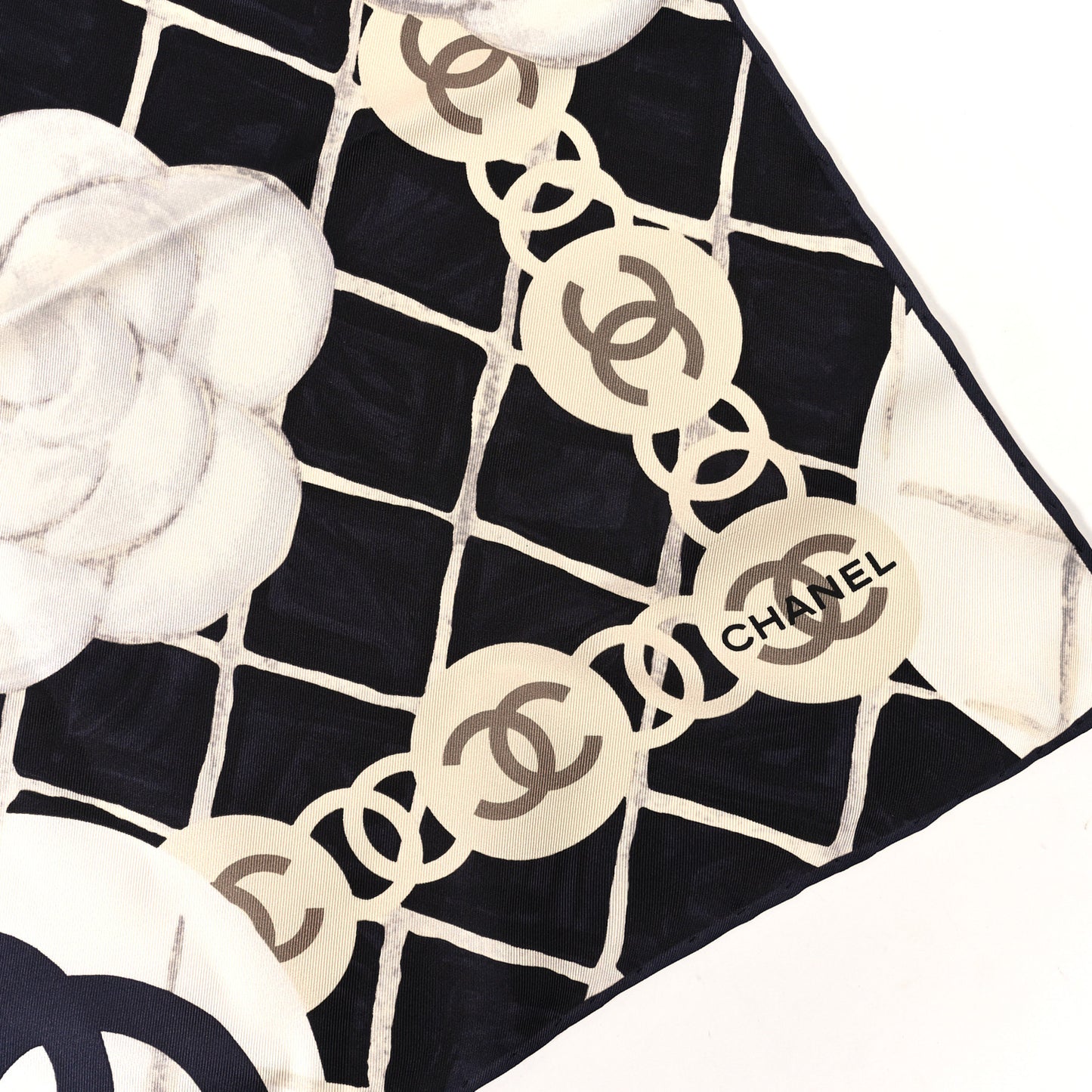 Silk Camellia CC Square Scarf Black