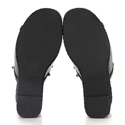 Valentino Garavani Calfskin Silk Rockstud Torchon Espadrille Wedge 25/115mm Slide Sandals 37 Black 6 of 9
