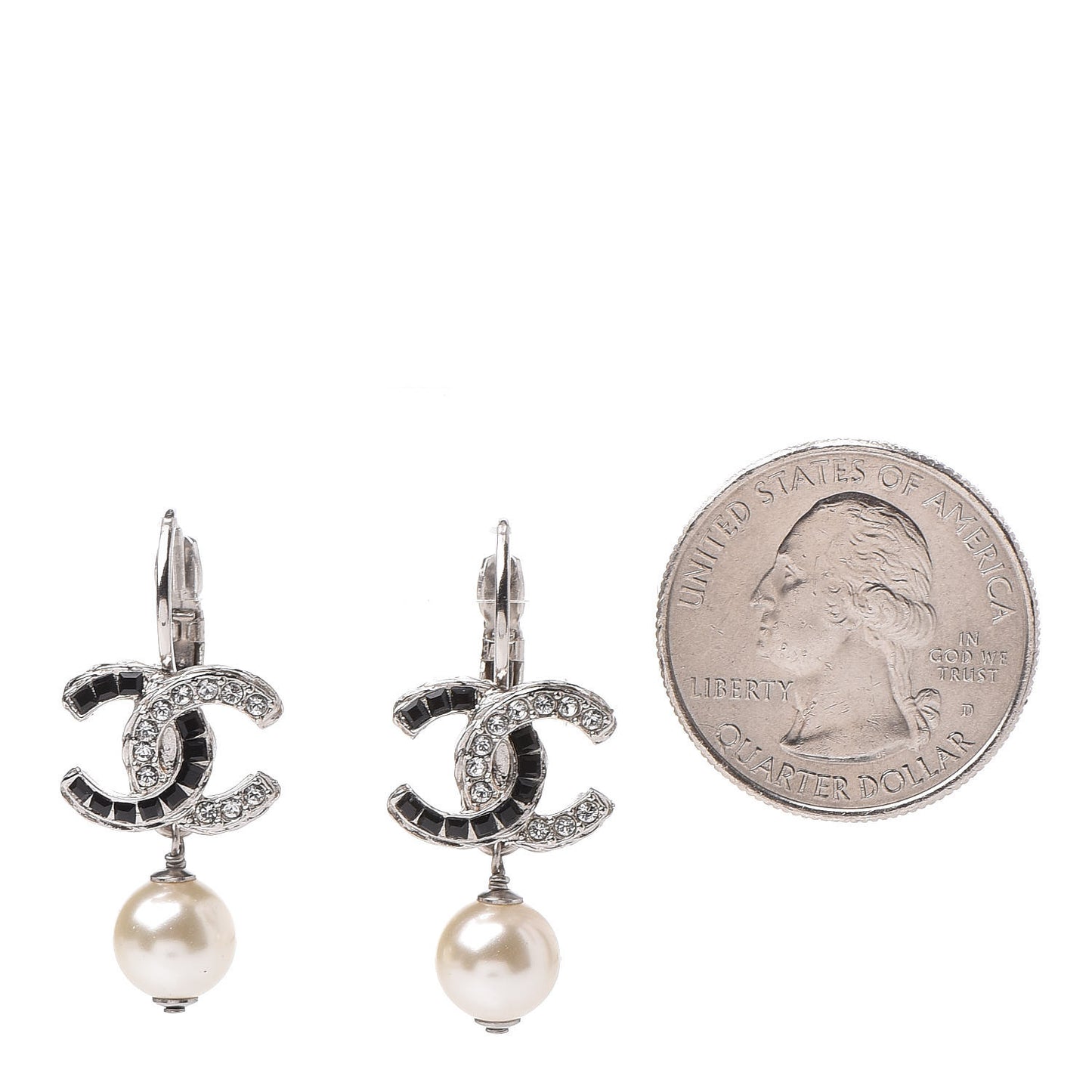 Baguette Crystal Pearl CC Drop Earrings Black Silver