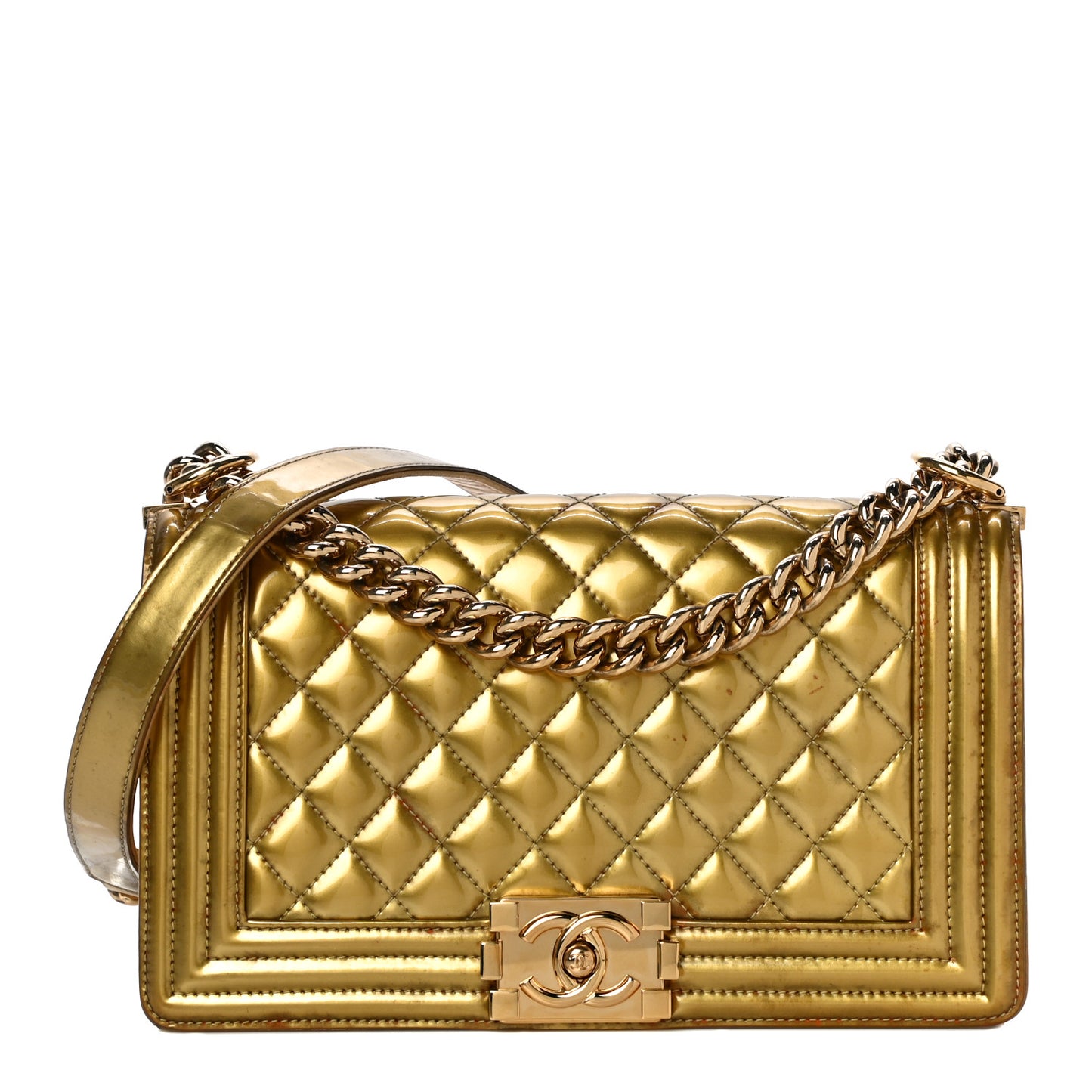 Metallic Patent Calfskin Quilted Medium Boy Flap Gold