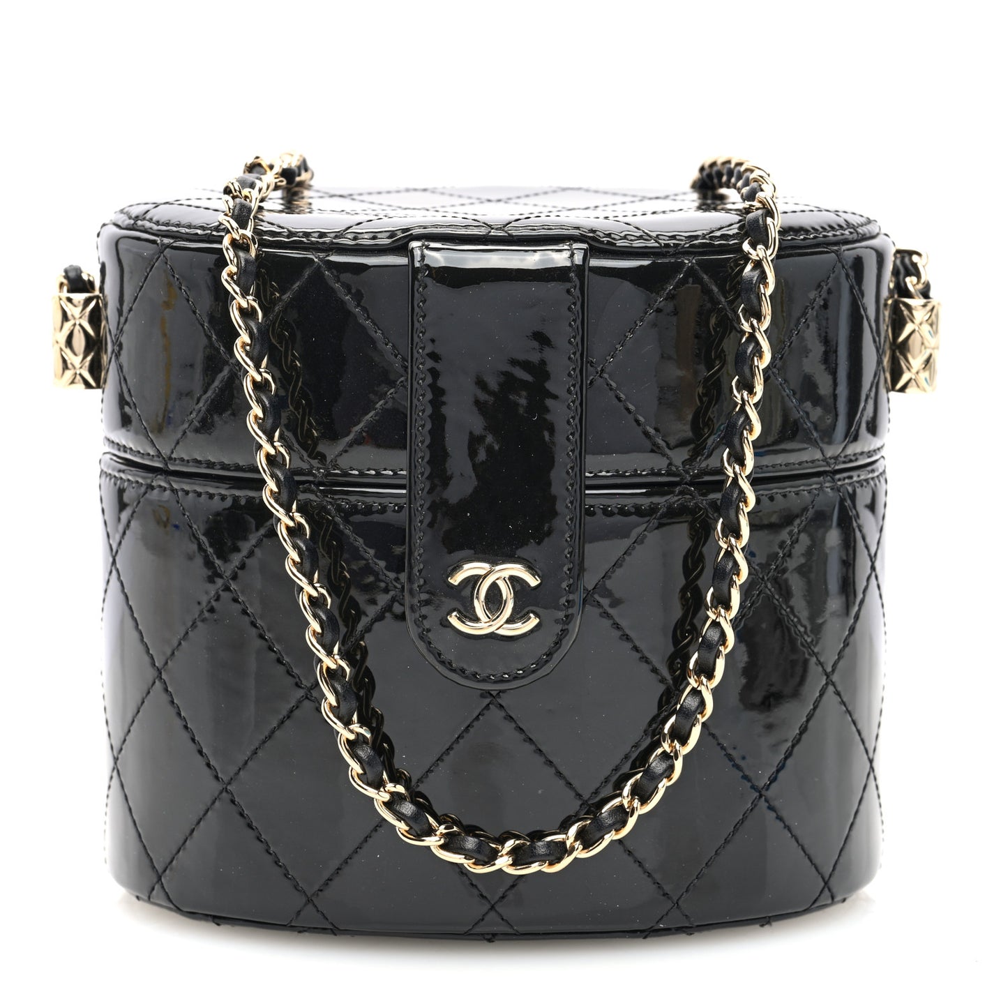 Patent Quilted Round Clutch With Chain Black