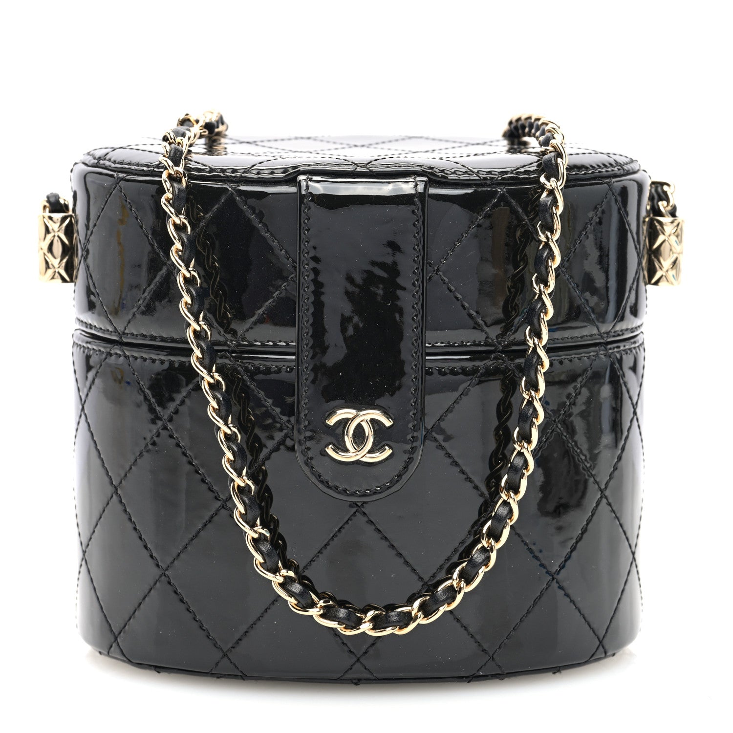 Chanel Patent Quilted Round Clutch With Chain Black 1 of 10