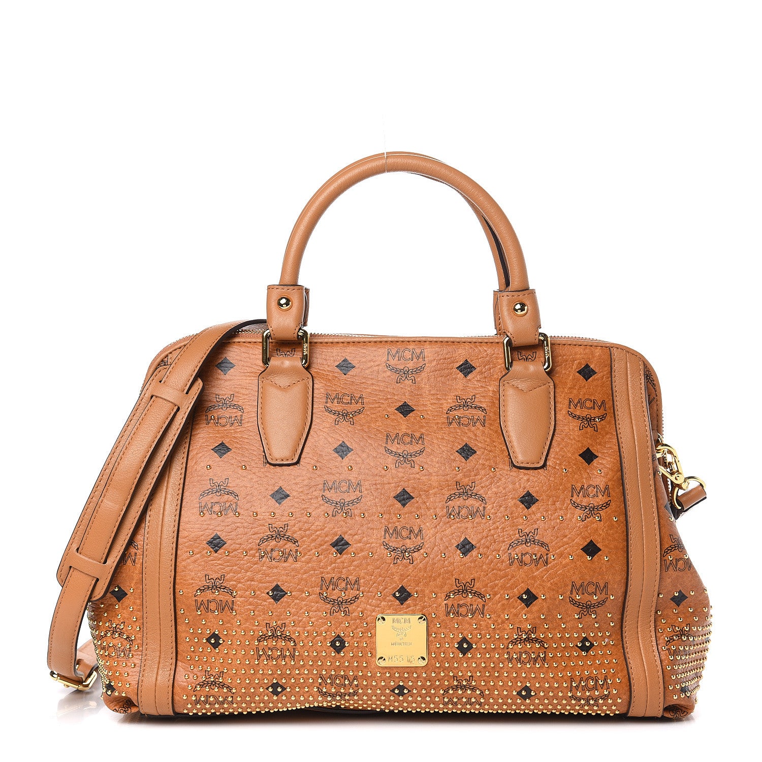 MCM Visetos Studded Medium Boston Satchel Cognac 1 of 10