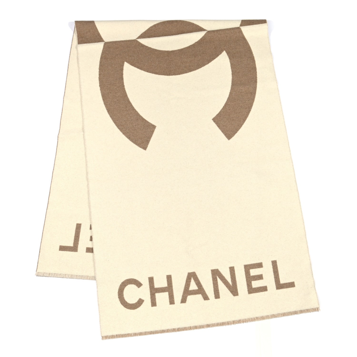 Chanel Cashmere CC Fringe Stole Beige White 4 of 9