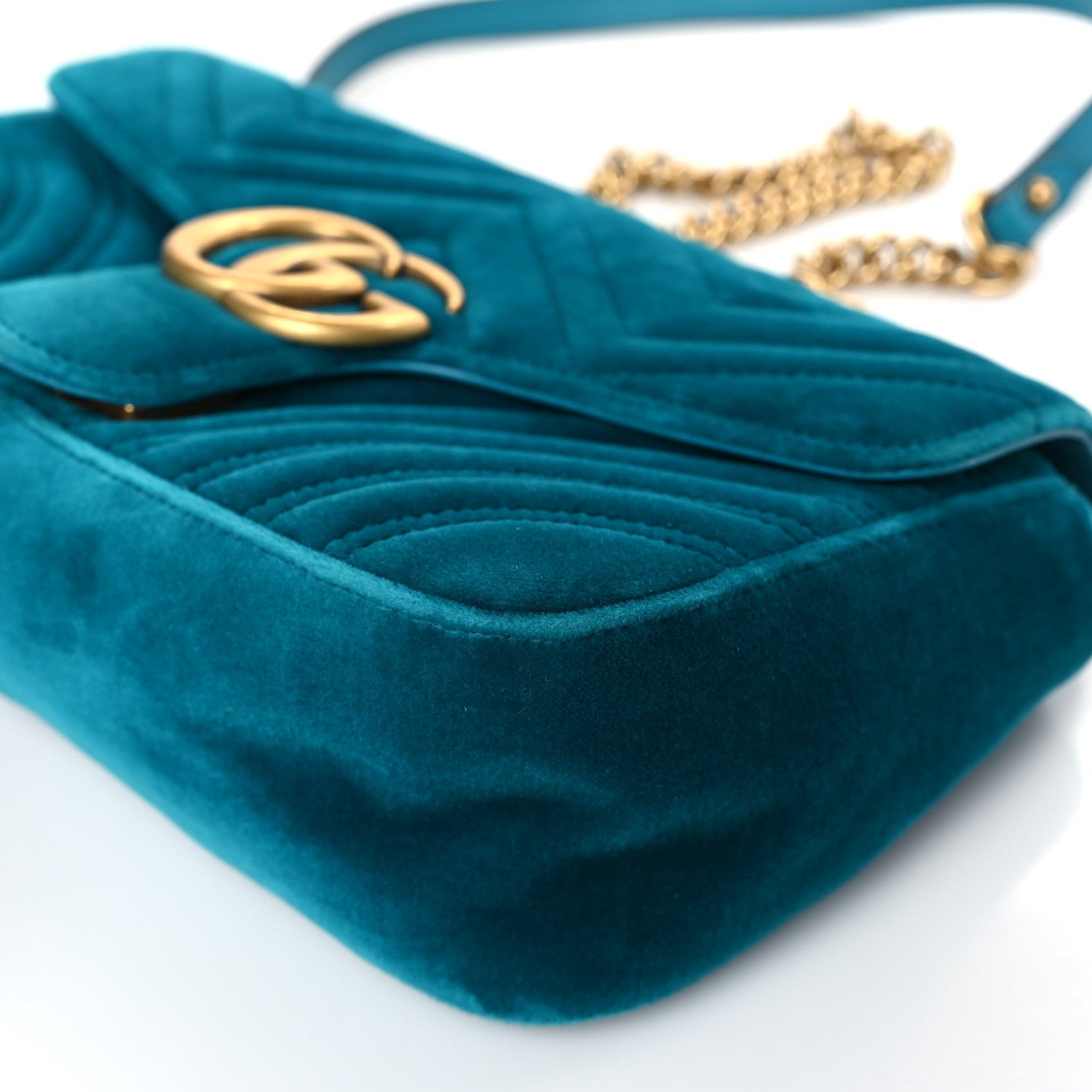 Gucci Velvet Matelasse Small GG Marmont Shoulder Bag Pavone Cyan 9 of 11