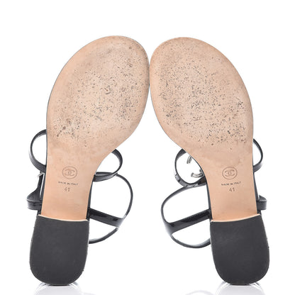 Chanel Calfskin Patent Quilted CC Sandals 41 Black 7 of 11