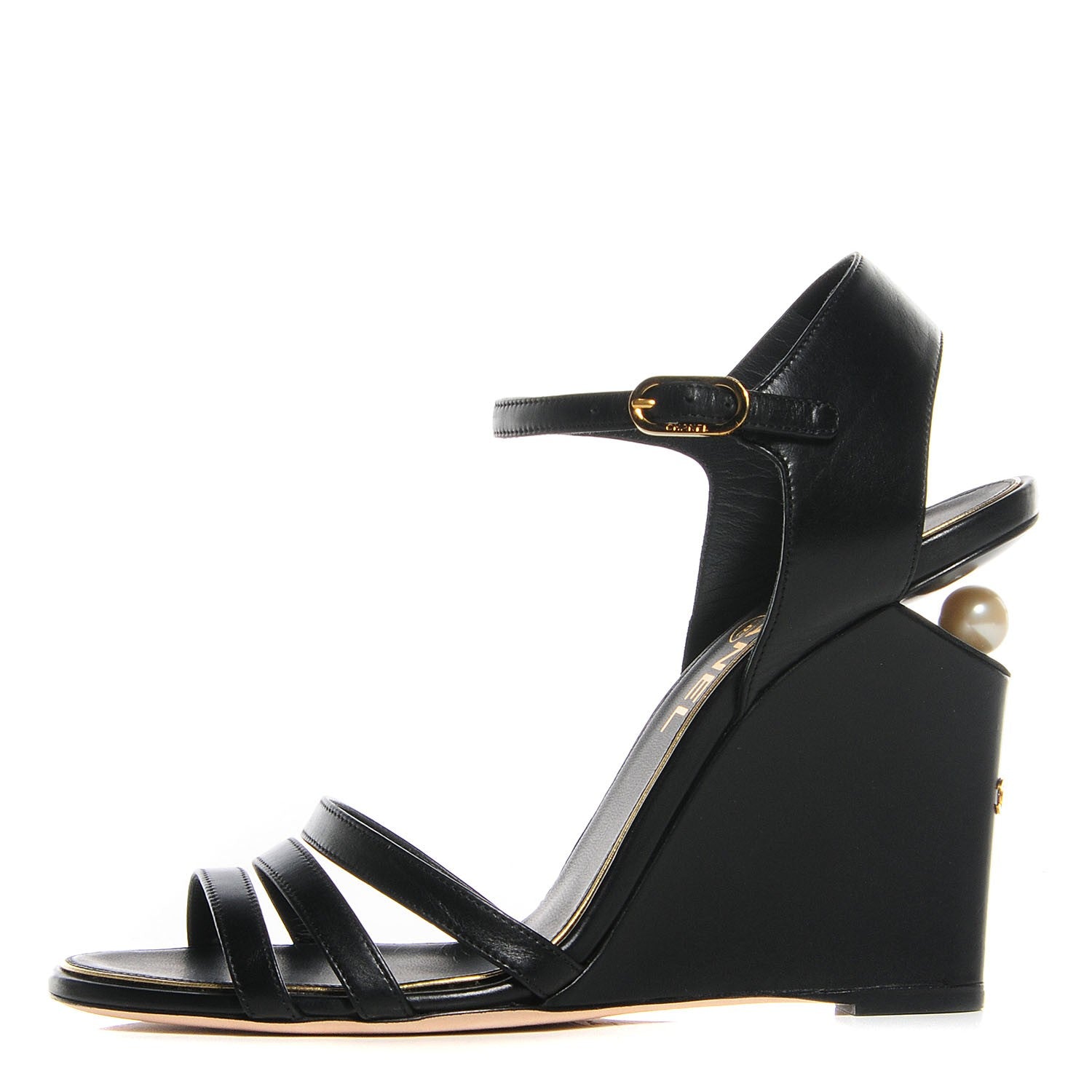 Chanel Calfskin Pearl Wedge Sandals 39 Black 1 of 8