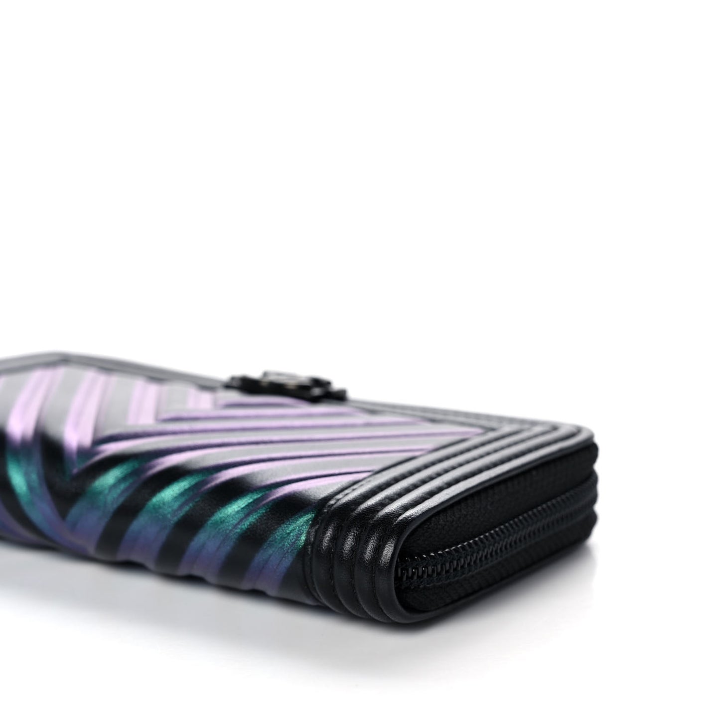 Calfskin Painted Chevron Embossed Small Boy Zip Wallet Black