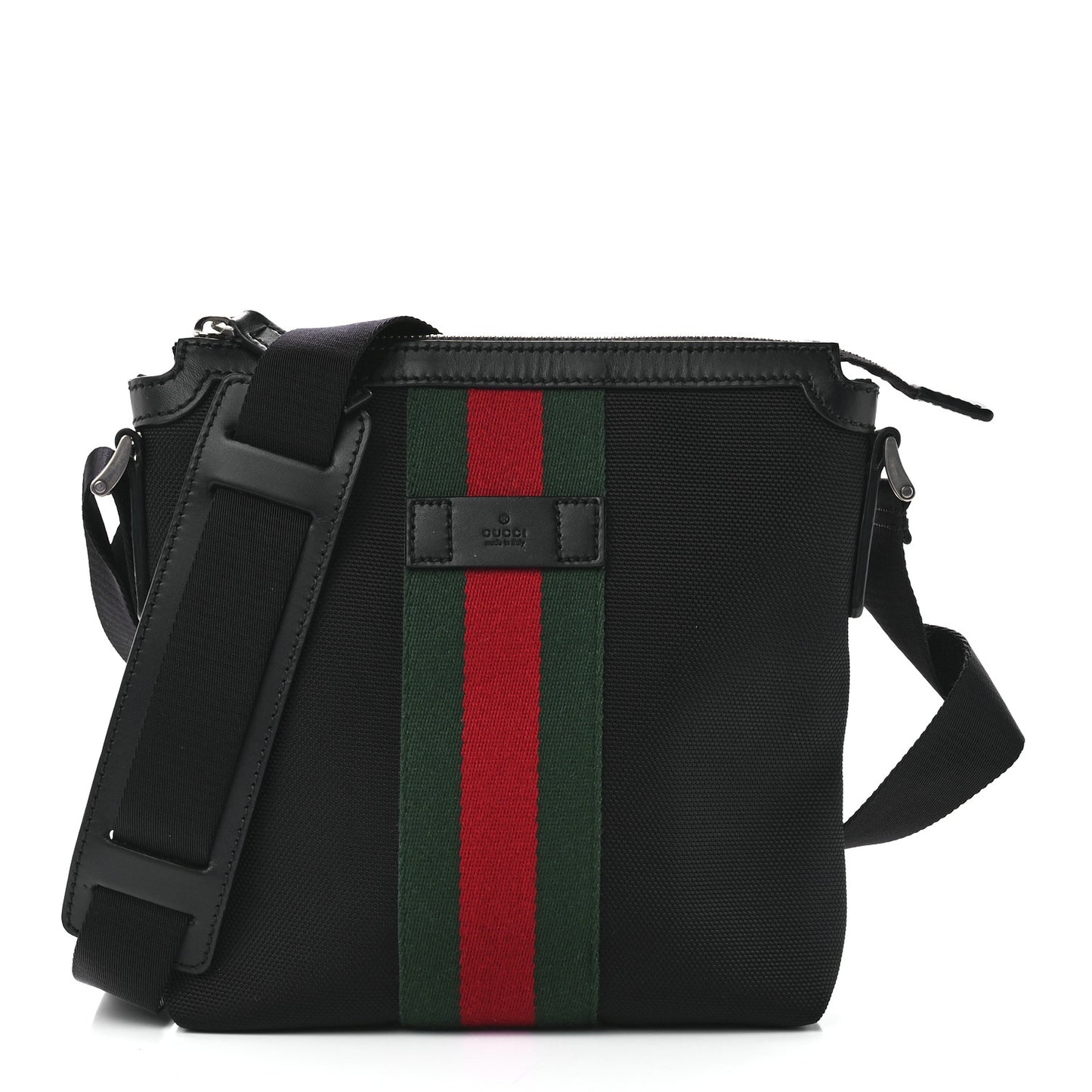 Techno Canvas Selleria Calfskin Web Small Flat Messenger Bag Black