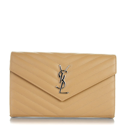 Saint Laurent Grain De Poudre Matelasse Chevron Monogram Chain Wallet Deep Beige 1 of 7