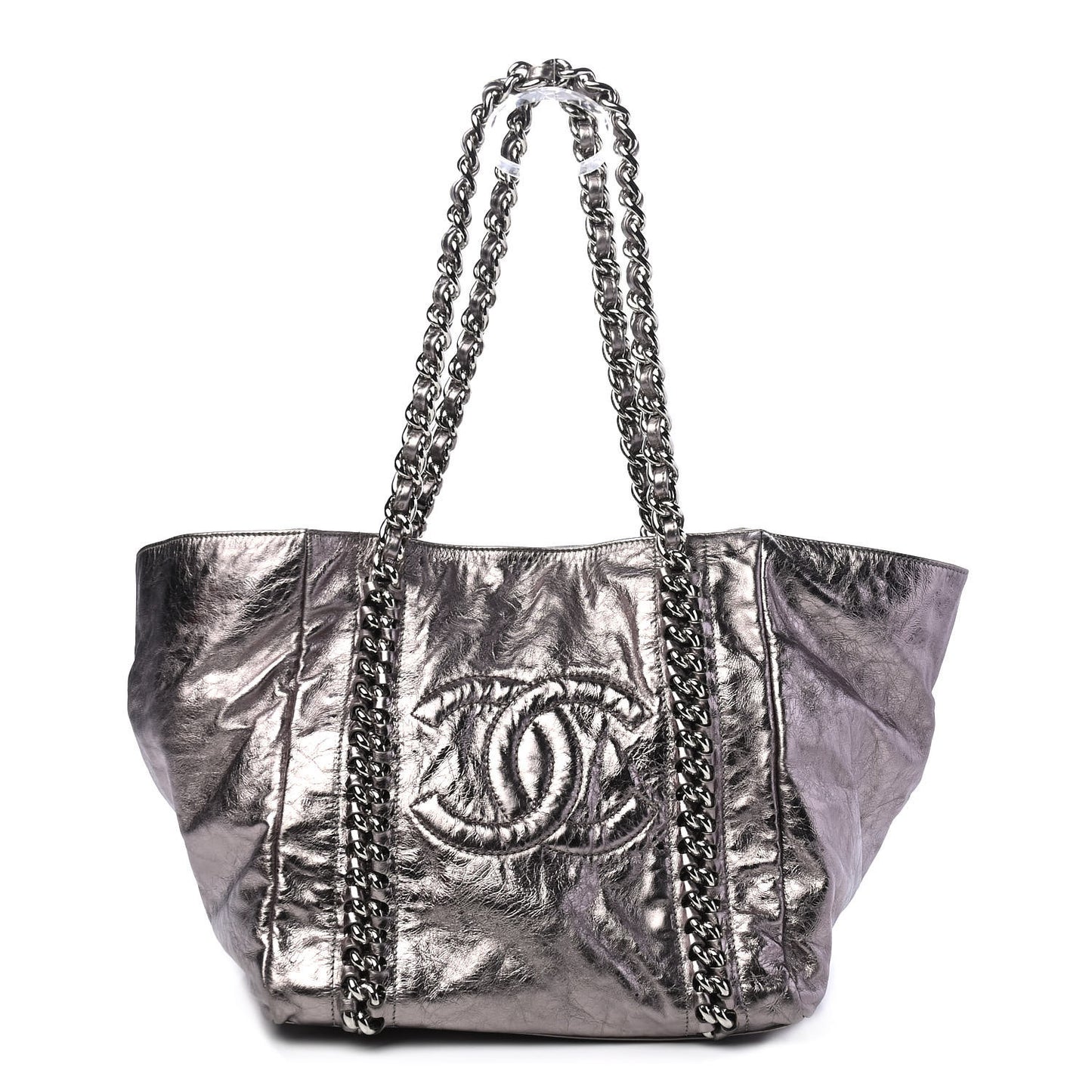 Metallic Cracked Calfskin Modern Chain Tote Dark Silver