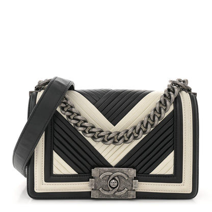Chanel Calfskin Pleated Small Boy In Rome Flap Black White 1 of 15