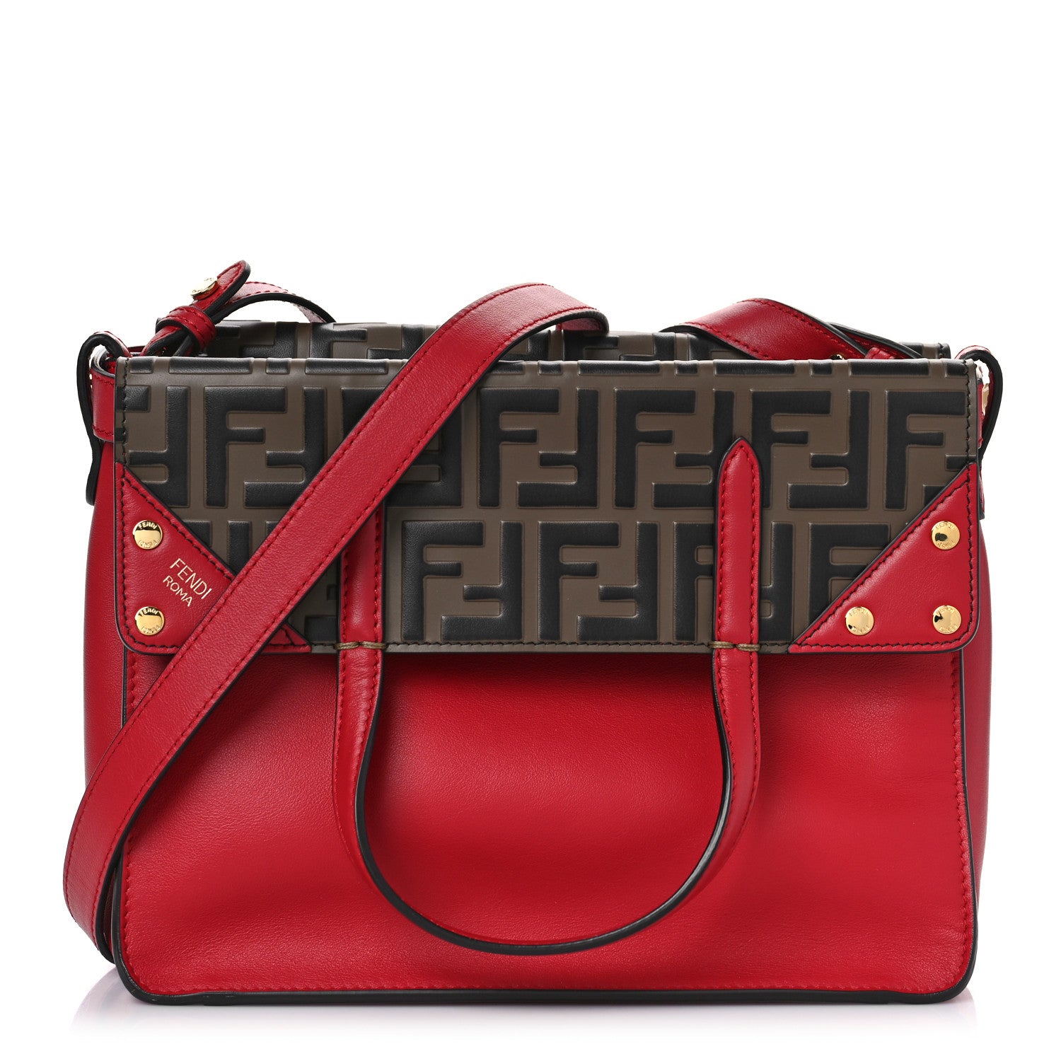 Fendi Vitello Grace Bi-Color FF 1974 Embossed Flip Tote Fragola Maya Black 1 of 8