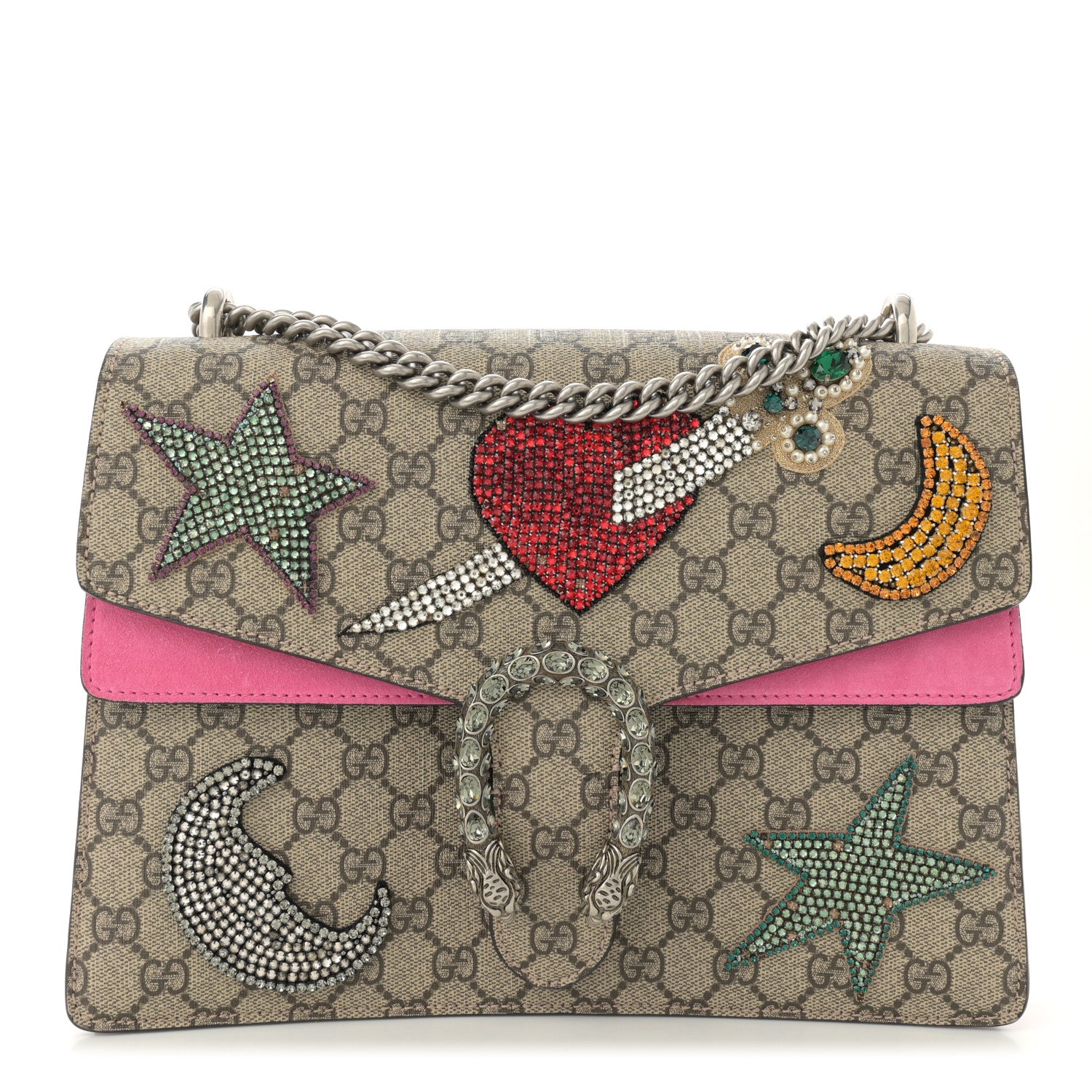 Gucci GG Supreme Monogram Suede Pierced Heart Embroidered Medium Dionysus Shoulder Bag Beige Ebony Pink Tropical Flower 1 of 16