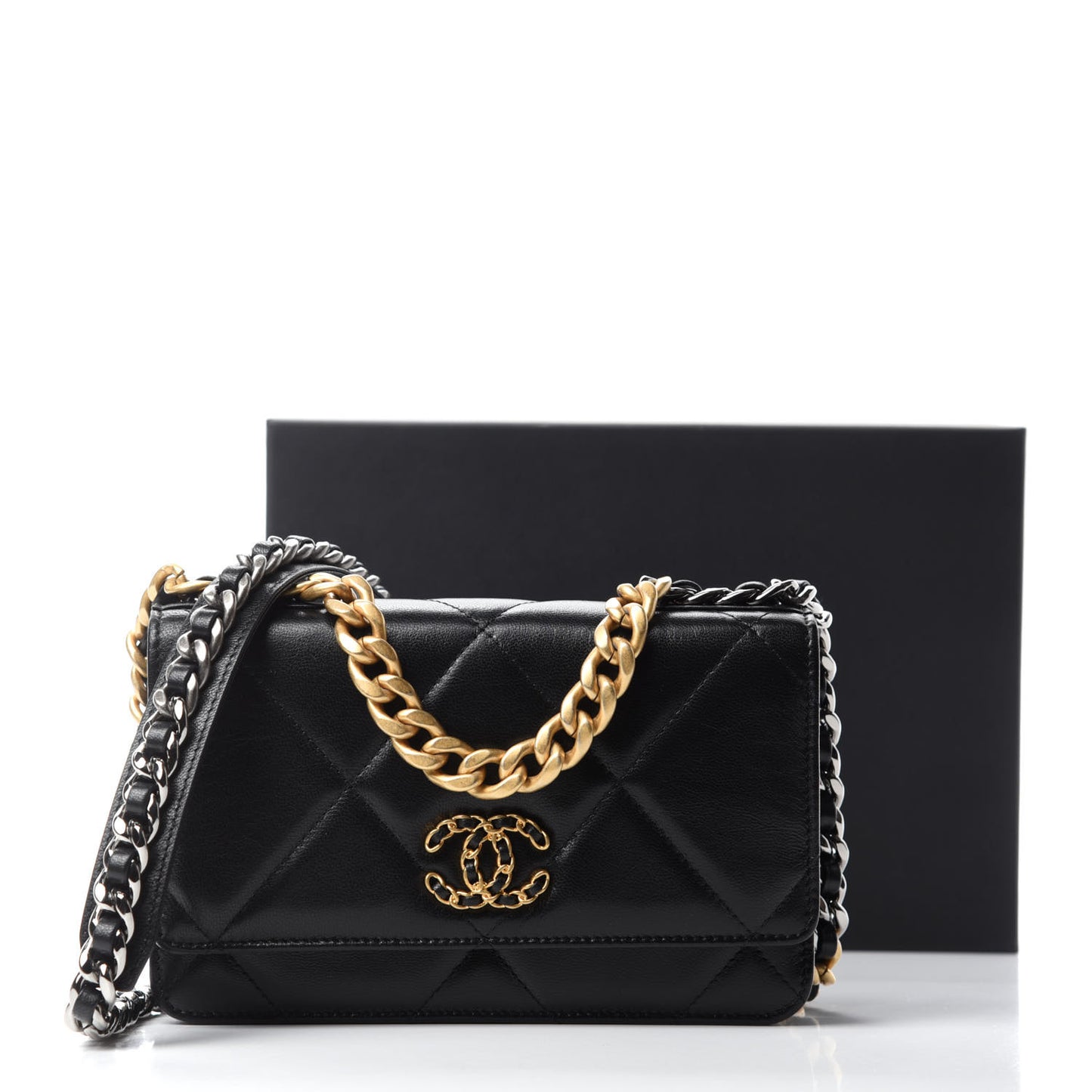 Shiny Goatskin Quilted Chanel 19 Wallet On Chain WOC Black