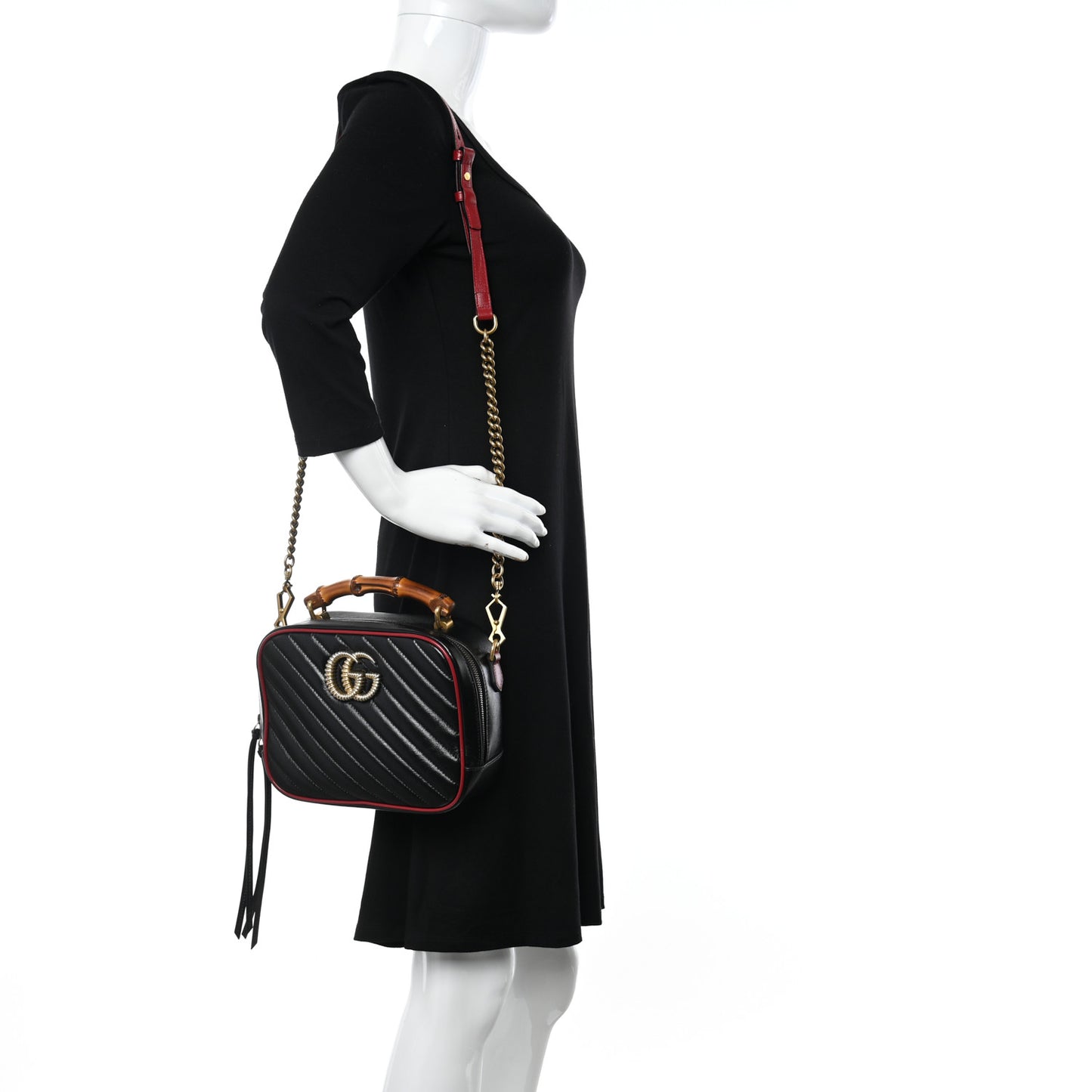 Vintage Effect Calfskin Matelasse Diagonal Small Torchon GG Marmont Bamboo Top Handle Shoulder Bag Black Romantic Cherry