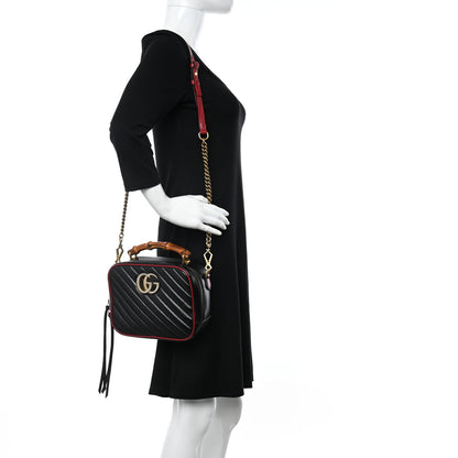 Gucci Vintage Effect Calfskin Matelasse Diagonal Small Torchon GG Marmont Bamboo Top Handle Shoulder Bag Black Romantic Cherry 2 of 11
