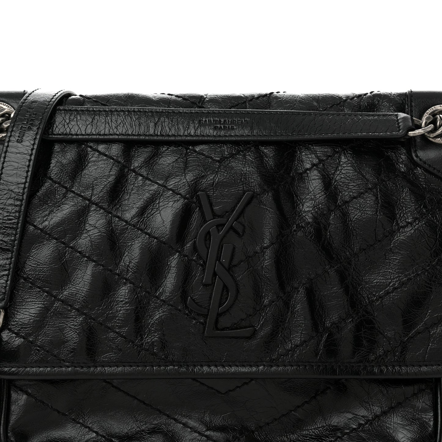 Crinkled Calfskin Matelasse Monogram Medium Niki Chain Satchel Black