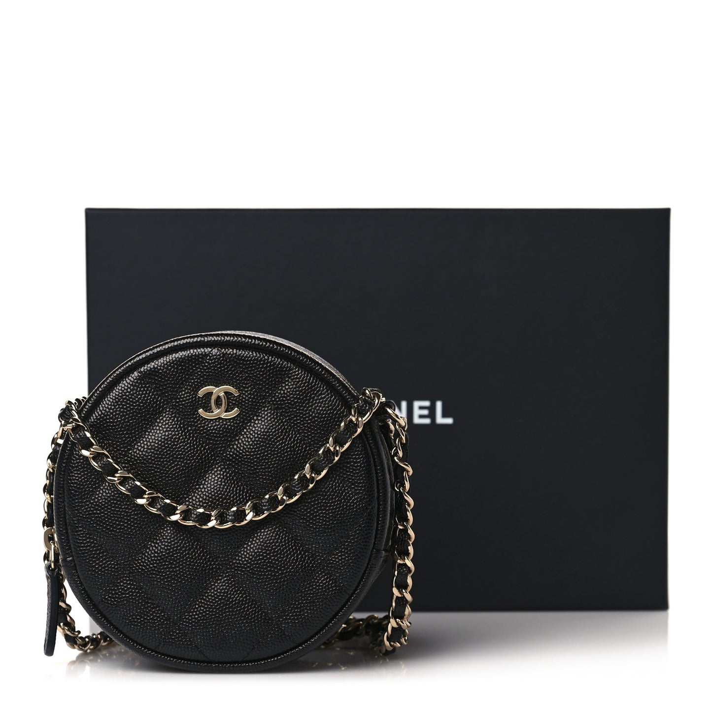 Caviar Quilted Round Clutch With Chain Black