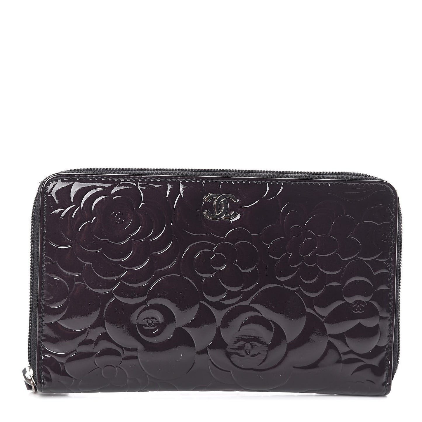 Patent Camellia Embossed Large Zip Around Gusset Wallet Black