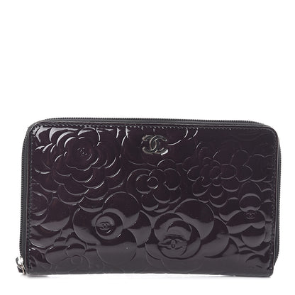 Chanel Patent Camellia Embossed Large Zip Around Gusset Wallet Black 1 of 9